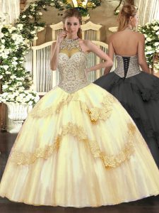 Gold Lace Up Quinceanera Gowns Beading and Appliques Sleeveless Floor Length