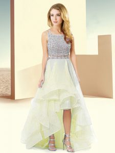 Beading and Ruffles Prom Party Dress Light Yellow Lace Up Sleeveless High Low