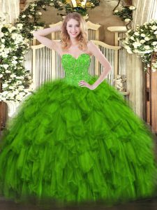 Eye-catching Green Ball Gowns Beading and Ruffles Quinceanera Dress Lace Up Organza Sleeveless Floor Length