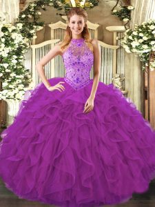 Sleeveless Organza Floor Length Lace Up Sweet 16 Dresses in Purple with Beading and Ruffles