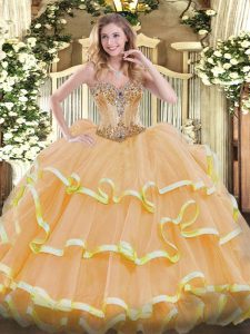 Ball Gowns Ball Gown Prom Dress Gold Sweetheart Organza Sleeveless Floor Length Lace Up