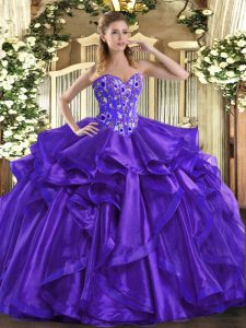 Colorful Purple Ball Gowns Sweetheart Sleeveless Organza Floor Length Lace Up Embroidery and Ruffles Vestidos de Quincea