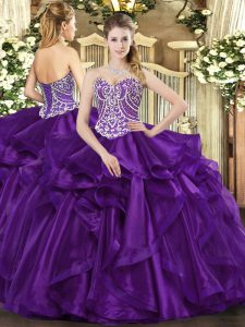 Amazing Purple Organza Lace Up Sweetheart Sleeveless Floor Length Ball Gown Prom Dress Beading and Ruffles