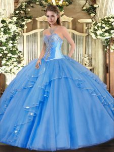 Exquisite Baby Blue Ball Gowns Sweetheart Sleeveless Tulle Floor Length Lace Up Beading and Ruffles Quinceanera Gowns