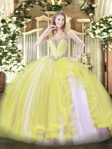Trendy Tulle Sweetheart Sleeveless Lace Up Beading and Ruffles Quinceanera Dress in Yellow