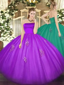 Attractive Sleeveless Tulle Floor Length Zipper Quinceanera Dress in Eggplant Purple with Appliques