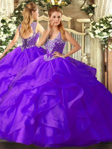 Edgy Floor Length Lace Up Vestidos de Quinceanera Purple for Military Ball and Sweet 16 and Quinceanera with Beading and