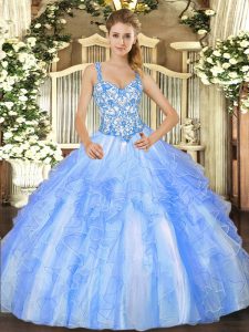 Excellent Blue And White Sleeveless Organza Lace Up Quinceanera Dresses for Sweet 16 and Quinceanera