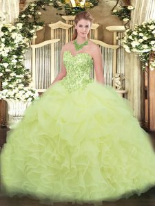 Designer Yellow Green Ball Gowns Organza Sweetheart Sleeveless Appliques and Ruffles Floor Length Lace Up Vestidos de Qu