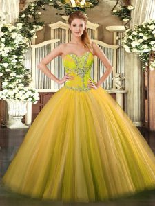Sleeveless Tulle Floor Length Lace Up Quinceanera Gown in Gold with Beading