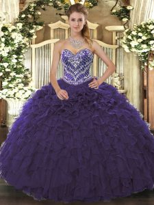 Clearance Tulle Sleeveless Floor Length Quince Ball Gowns and Beading and Ruffled Layers