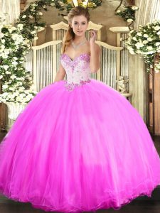 Unique Floor Length Rose Pink Sweet 16 Dress Tulle Sleeveless Beading