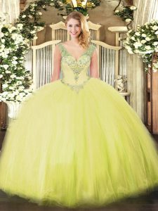 Yellow Green Lace Up V-neck Beading Quinceanera Dresses Tulle Sleeveless