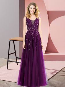 Cheap Dark Purple Sleeveless Beading and Appliques Floor Length Prom Party Dress