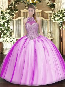 Wonderful Fuchsia Tulle Lace Up Halter Top Sleeveless Floor Length 15th Birthday Dress Beading and Appliques