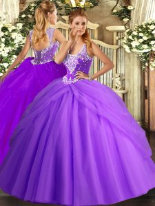 Custom Made Lavender Sleeveless Beading and Pick Ups Floor Length Sweet 16 Dresses