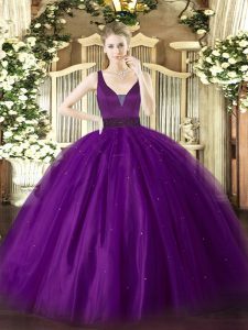 Clearance Sleeveless Tulle Floor Length Zipper Vestidos de Quinceanera in Purple with Beading