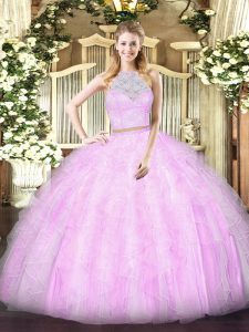 Wonderful Lilac Scoop Zipper Lace and Ruffles Sweet 16 Dress Sleeveless