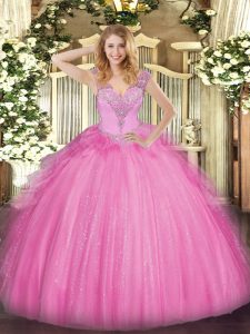Latest Tulle V-neck Sleeveless Lace Up Beading Ball Gown Prom Dress in Rose Pink
