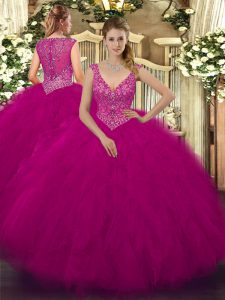 Fuchsia Sweet 16 Dresses Military Ball and Sweet 16 and Quinceanera with Beading and Ruffles V-neck Sleeveless Zipper