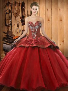 Customized Beading and Embroidery Quinceanera Dresses Wine Red Lace Up Sleeveless Floor Length