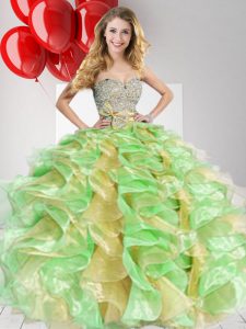 Multi-color Ball Gowns Organza Sweetheart Sleeveless Beading and Ruffles and Bowknot Floor Length Zipper Vestidos de Qui