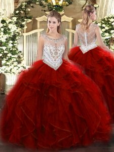 Cute Wine Red Ball Gowns Scoop Sleeveless Tulle Floor Length Zipper Beading and Ruffles Quinceanera Dresses
