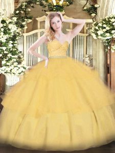 Excellent Gold Zipper Quince Ball Gowns Beading and Lace and Ruffled Layers Sleeveless Floor Length