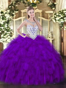 Captivating Tulle Scoop Sleeveless Zipper Beading and Ruffles Quinceanera Gown in Purple