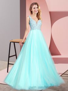 Latest Aqua Blue Sleeveless Tulle Zipper Prom Evening Gown for Prom and Party
