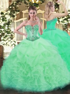 Pretty Floor Length Lace Up Quinceanera Gowns Apple Green for Sweet 16 and Quinceanera with Beading and Ruffles and Pick