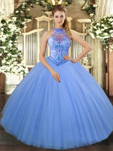 Fabulous Baby Blue Tulle Lace Up Halter Top Sleeveless Floor Length Quinceanera Dress Beading and Embroidery