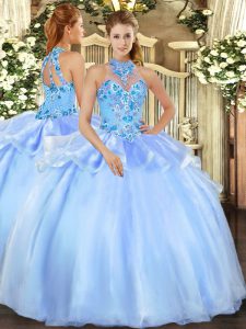 Chic Baby Blue Halter Top Lace Up Embroidery Sweet 16 Quinceanera Dress Sleeveless