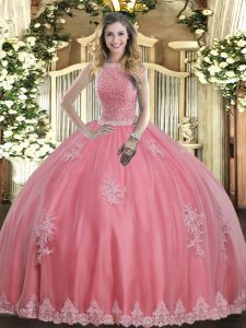 Beautiful Baby Pink Sleeveless Beading and Appliques Floor Length 15th Birthday Dress