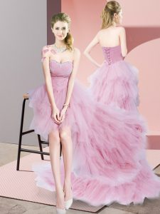 Fabulous Baby Pink A-line Beading and Ruffled Layers Prom Dresses Lace Up Tulle Sleeveless High Low