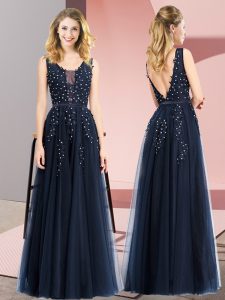Customized Navy Blue Empire Square Sleeveless Tulle Floor Length Backless Beading and Appliques Evening Dress