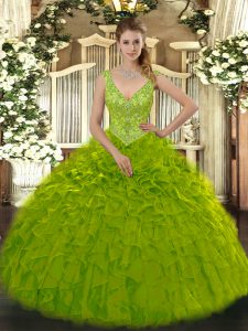 Olive Green Sleeveless Floor Length Beading and Ruffles Zipper Quinceanera Gown
