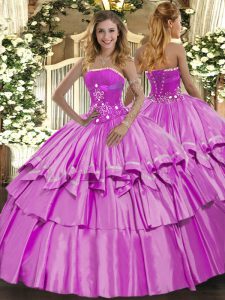 Lilac Organza and Taffeta Lace Up Sweet 16 Dress Sleeveless Floor Length Beading and Ruffled Layers