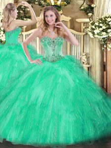 Floor Length Apple Green Quinceanera Gowns Tulle Sleeveless Beading and Ruffles