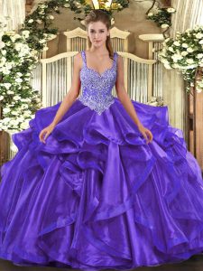Dazzling Purple Sleeveless Floor Length Beading and Ruffles Lace Up Quinceanera Gowns