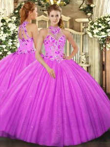 Hot Sale Fuchsia Halter Top Neckline Beading and Embroidery 15 Quinceanera Dress Sleeveless Lace Up