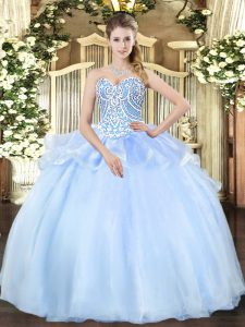 Most Popular Sleeveless Floor Length Beading Lace Up Quinceanera Dresses with Light Blue