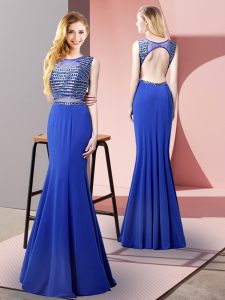 Beauteous Sleeveless Elastic Woven Satin Floor Length Backless in Royal Blue with Beading
