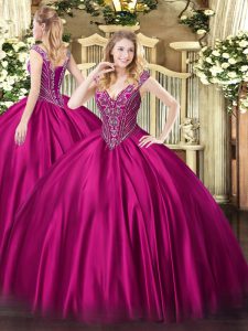 Trendy Satin V-neck Sleeveless Lace Up Beading Quinceanera Gowns in Fuchsia