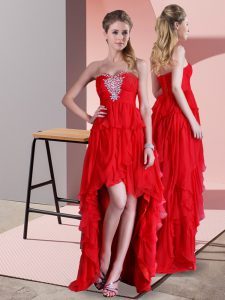 New Arrival Sleeveless Chiffon High Low Sweep Train Lace Up Evening Dress in Red with Beading