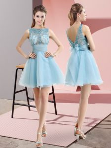 Aqua Blue A-line Tulle Bateau Sleeveless Beading and Belt Mini Length Backless Prom Dress