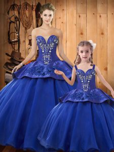 Admirable Satin and Organza Sweetheart Sleeveless Lace Up Beading and Embroidery Sweet 16 Quinceanera Dress in Royal Blu