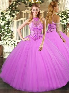 Lilac Ball Gowns Halter Top Sleeveless Tulle Floor Length Lace Up Beading and Embroidery Sweet 16 Dresses