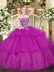 Classical Fuchsia Sleeveless Tulle Lace Up 15th Birthday Dress for Military Ball and Sweet 16 and Quinceanera