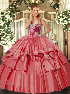 Latest Coral Red Straps Neckline Beading and Ruffled Layers Sweet 16 Dresses Sleeveless Lace Up